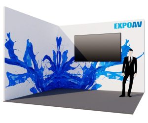 Angled Exhibition stand with video wall solution.